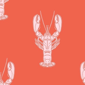 Nautical block print pale pink lobsters on a red background (large) 