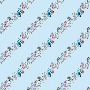 SMALL Blue jays diagonal stripe bird print with larkspur delphinium and wisteria violet florals on blue