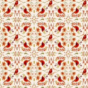 Cardinal Block Pattern - red birds and yellow, orange, and red florals in square pattern on cream