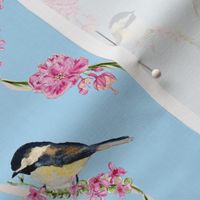 SMALL Chickadee Chat - songbirds with pink fuchsia, phlox, + peony flowers on blue - whimsical art deco