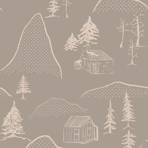  Mountain Retreat: Cabins, Trees, and Townscape,  grey