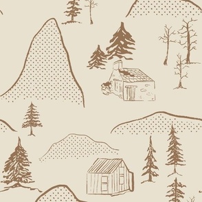  Mountain Retreat: Cabins, Trees, and Townscape, beige and brown