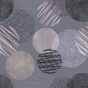 Abstract geometric pattern. Gray, black, beige circles with different textures on a gray background.