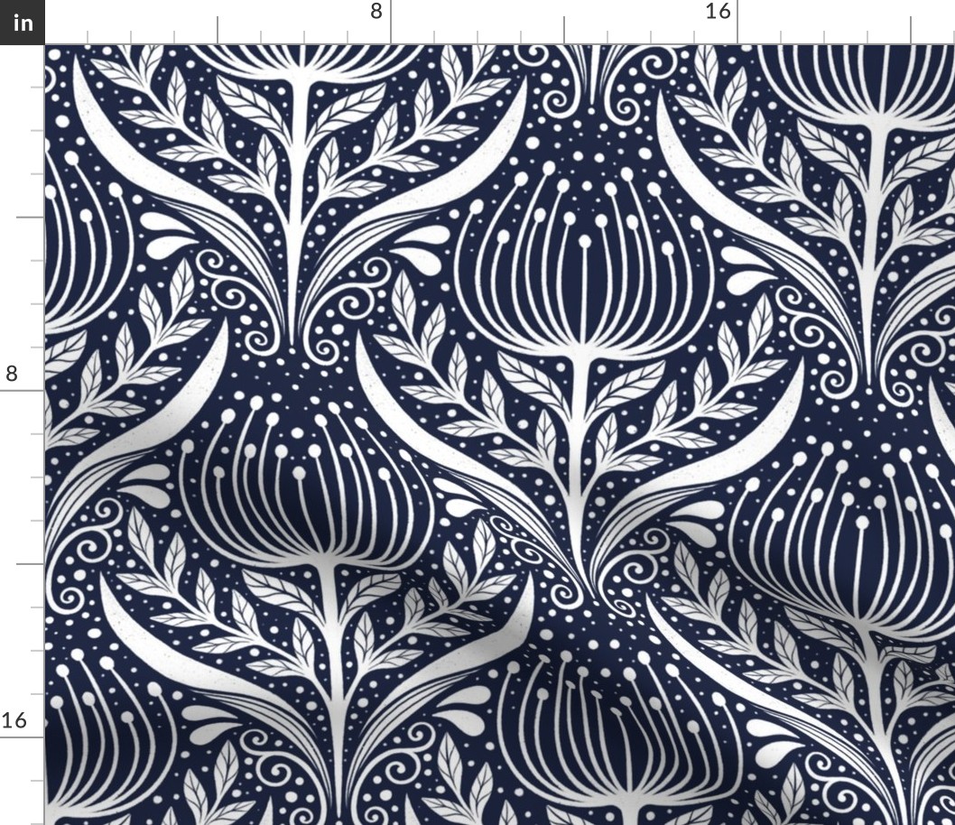Serene floral garden white and dark blue background - home decor - wallpaper - curtains- bedding - whimsical - metallic wallpaper.