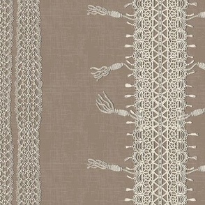 Crochet Lace and Tassels (Large) - Panna Cotta Cream on Morel Khaki Brown  (TBS135)