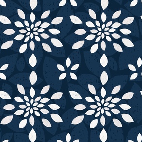 L-FLORALY TILED-5-P GREY ON DENIM BLUE-floral-flower-teardrop,boho,leaf, textured tonal, geometric