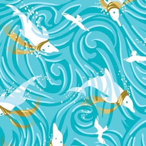 Dolphin Joy Tropical Ocean Nautical Christmas/Aqua + Gold