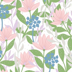 Weed and flower garden - pale light pink, light green and blue
