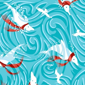 Dolphin Joy Tropical Ocean Nautical Christmas/Aqua + Red