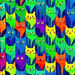 Cats faces in rows green blue purple yellow M