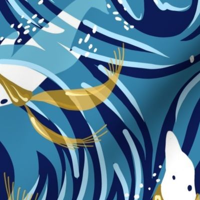 Dolphin Joy Tropical Ocean Nautical Christmas/Blue + Gold