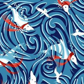 Dolphin Joy Tropical Ocean Nautical Christmas/Blue + Red