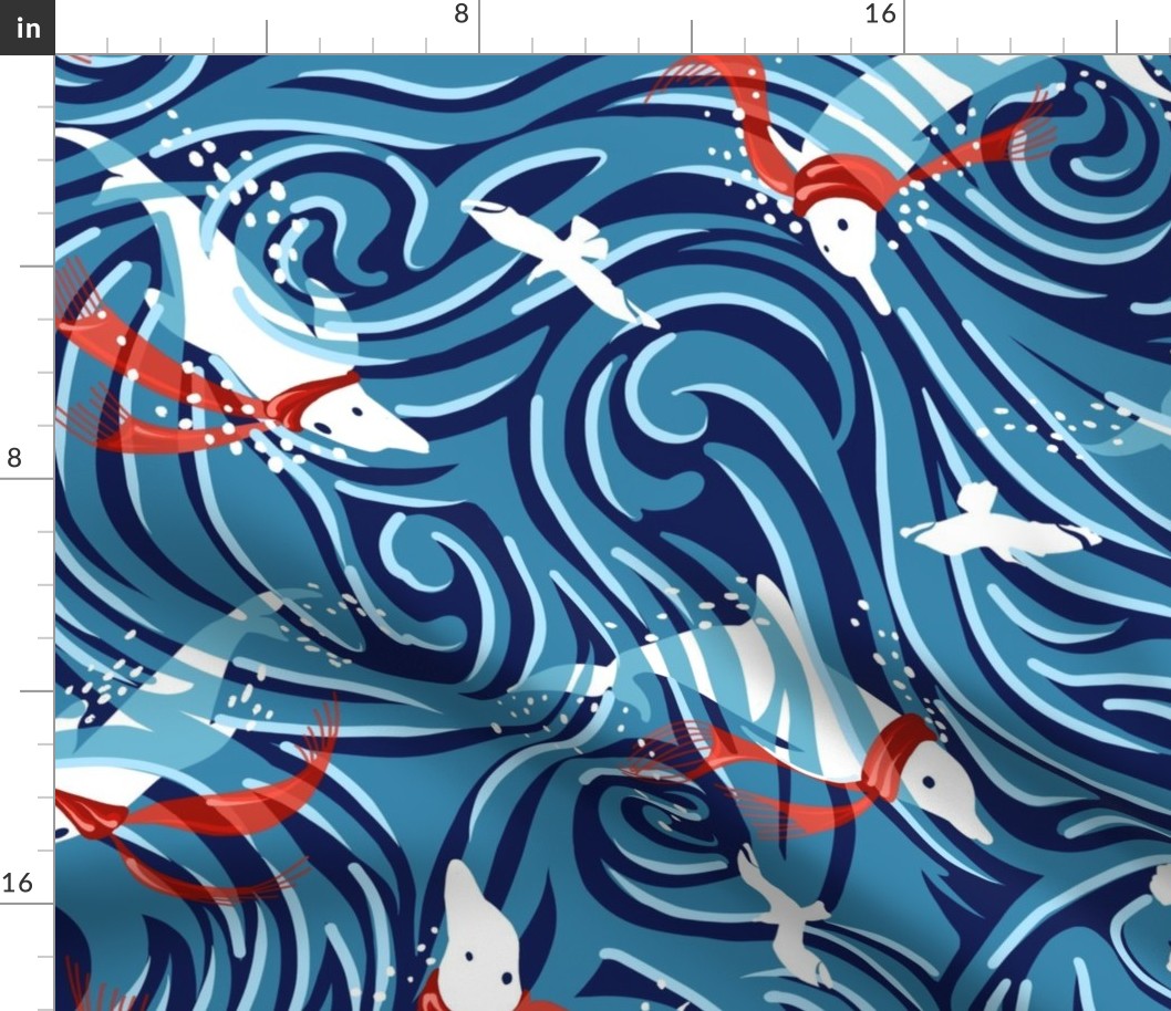 Dolphin Joy Tropical Ocean Nautical Christmas/Blue + Red