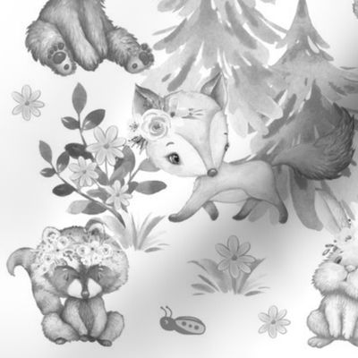 Floral Woodland Forest Animals Baby Girl Nursery Gray 