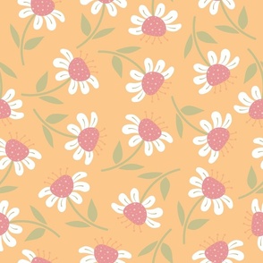 (M) Happy Flowers - Tangerine, Pink and Green Orange Pastel Colors Florals Chamomile Botanicals Minimalist Nature