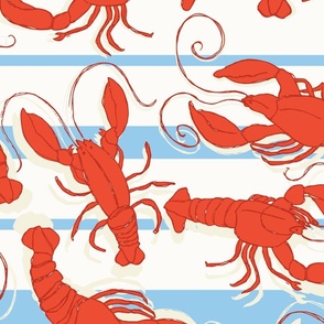 (L) _ Hand Drawn Red Lobsters on Light Blue Stripes Over Creme White