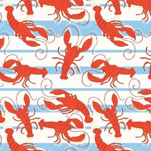 (M) _ Hand Drawn Red Lobsters on Light Blue Stripes Over Creme White