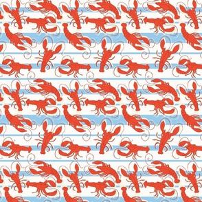 (S) _ Hand Drawn Red Lobsters on Light Blue Stripes Over Creme White