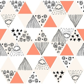 Whimsical Weather, Rainbows, Clouds, Sunshine, Minimal Line Drawings of Weather Elements, with Triangles and Diamonds  - White, Tangerine Orange, and Warm Cream