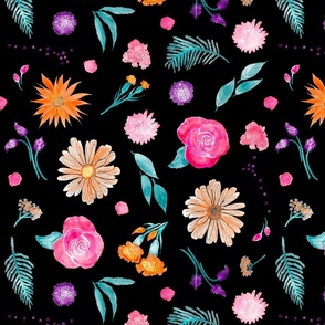 Floral Medley in Bloom, Black Background