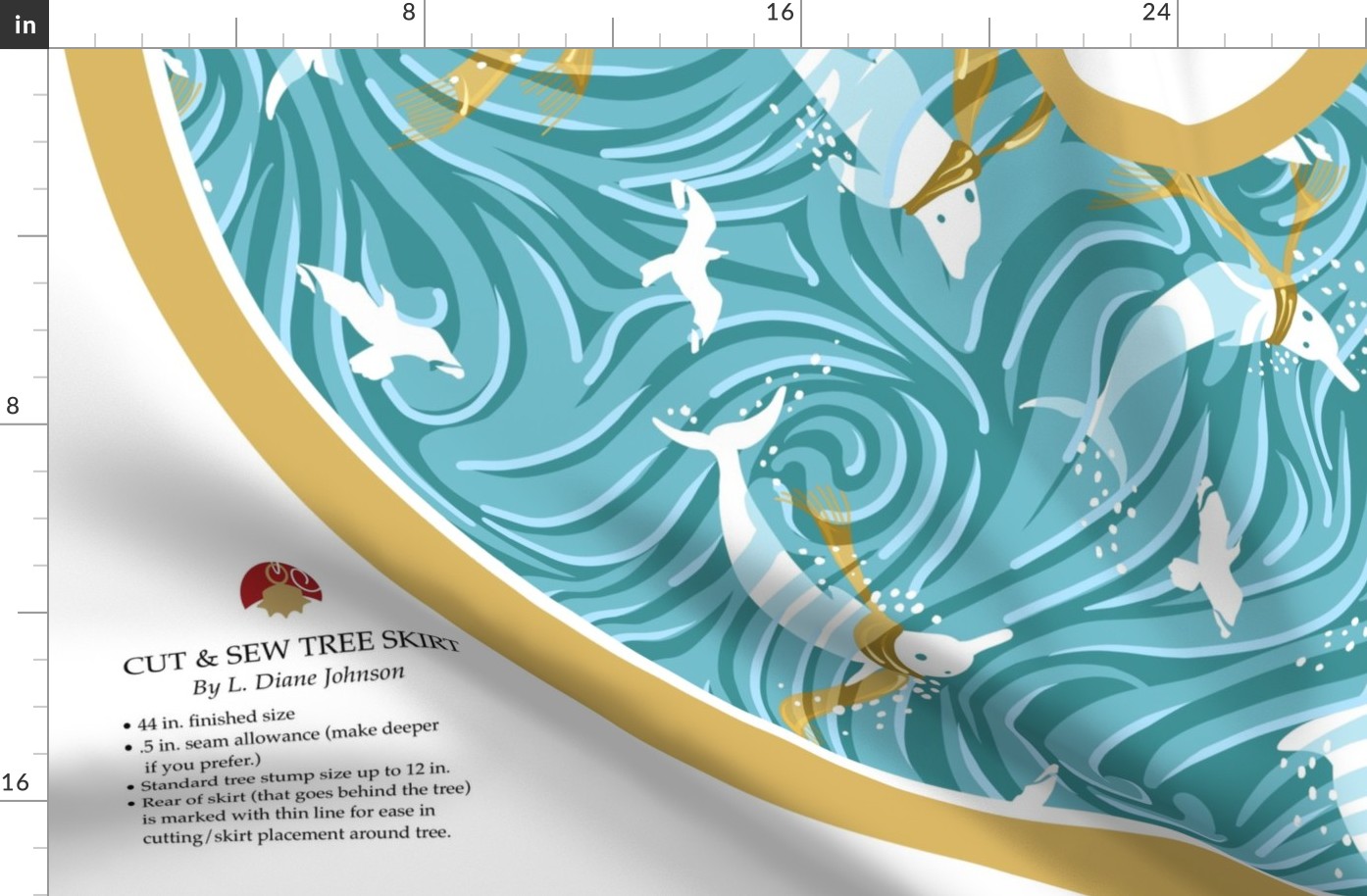 Dolphin Joy Tropical Nautical Christmas Tree Skirt/Aqua + Gold