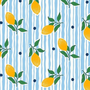 (L) _ Yellow Lemon Branches on Blue Wavy Stripes and Navy Polka Dots Over Creme White