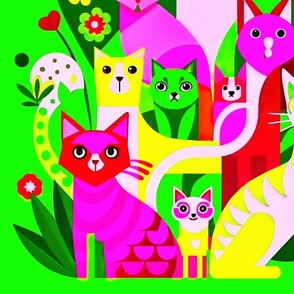 geometric cats bright green background L