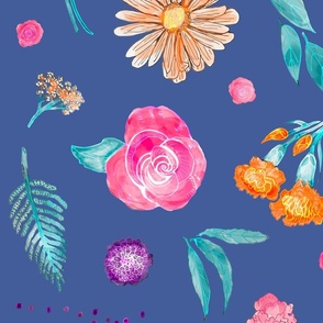 Floral Medley in Bloom, Periwinkle Background, Large Scale