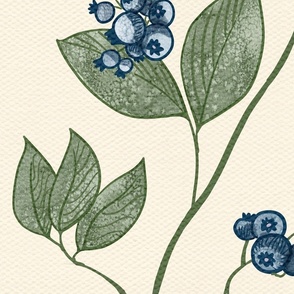 Blueberries and Leaves on the Vine Scrolled on Cream Linen-Large Scale