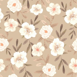 Jumbo | White Watercolor Flowers on Beige Light Tan with Brown Leaves