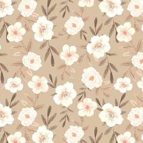 Small | White Watercolor Flowers on Beige Light Tan with Brown Leaves