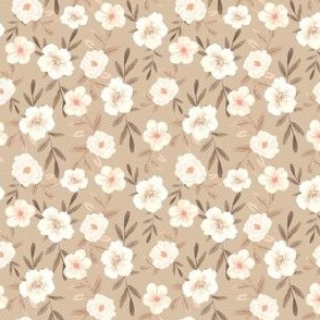 Micro | White Watercolor Flowers on Beige Light Tan with Brown Leaves