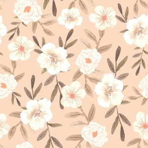 Jumbo | White Watercolor Flowers on Blush Pink with Brown Leaves