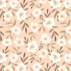 Small | White Watercolor Flowers on Blush Pink with Brown Leaves