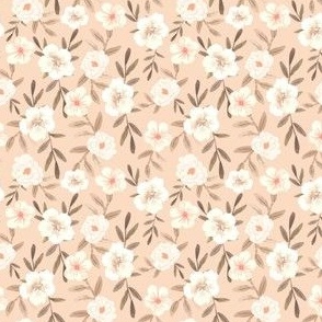 Micro | White Watercolor Flowers on Blush Pink with Brown Leaves