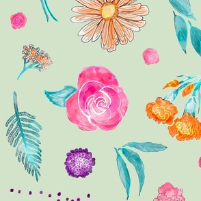 Floral Medley in Bloom, Light Green Background, Large Scale