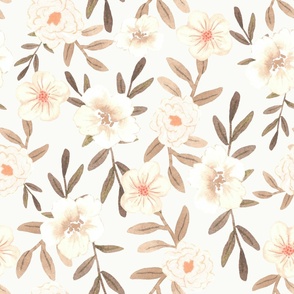 Jumbo | White Watercolor Flowers on Cream with Brown Leaves