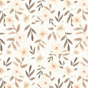 Small| White Watercolor Flowers on Cream with Brown Leaves