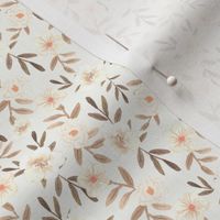 Micro | White Watercolor Flowers on Cream with Brown Leaves