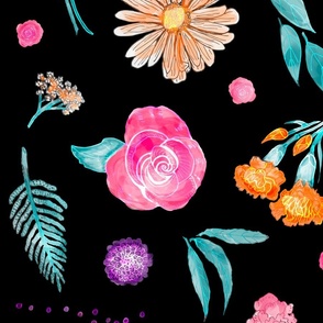 Floral Medley in Bloom, Black Background, Large Scale