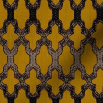 Faux Woven Quatrefoil Bronze on Mustard Yellow