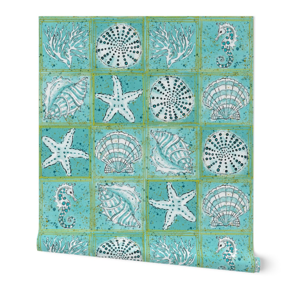 Coastal Treasures. Hand painted seashells and beach treasure washed by the surf. A treasure trove of seashore gems in a cheater quilt grid.Spindrift Studio; Cait Kirste