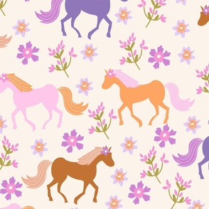 horses and flowers in pink orange purple - xl