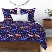 horses and flowers on dark blue background - xl