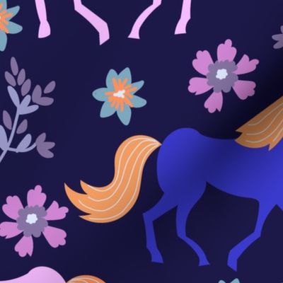 horses and flowers on dark blue background - xl