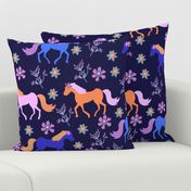 horses and flowers on dark blue background - xl