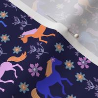 horses and flowers on dark blue background - small