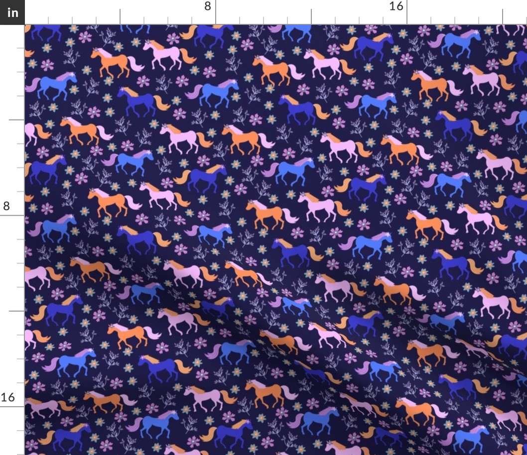 horses and flowers on dark blue background - small