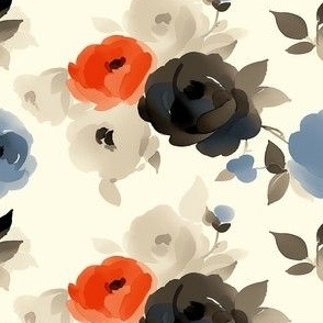 Elegant Watercolor Flowers, Beige and Black with Orange and Blue Accents