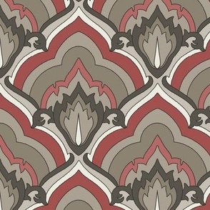 Maison Flame: Dusty Red & Stone Gray Leaf Scallop, Leaf Arch